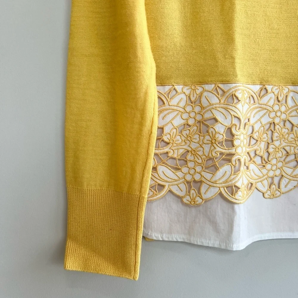 Tory Burch Edwina Embroidered Panel Merino Collared Sweater, Sun Yellow, S/P